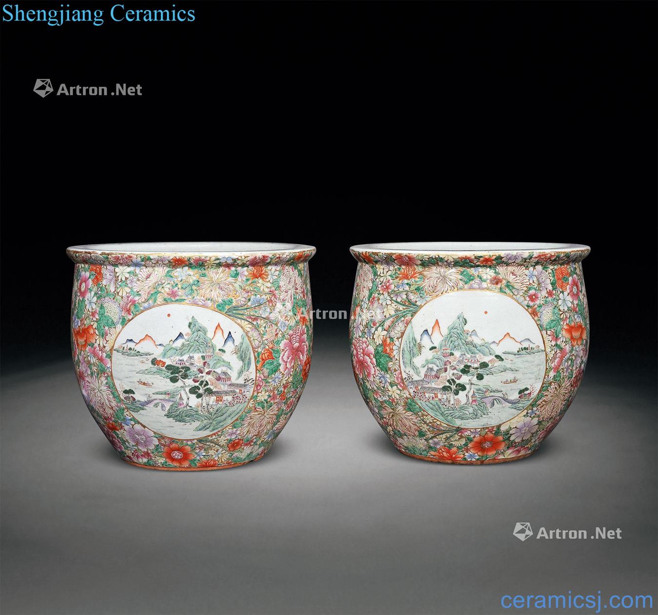 Late qing pastel flowers kam medallion landscape character lines VAT (a)