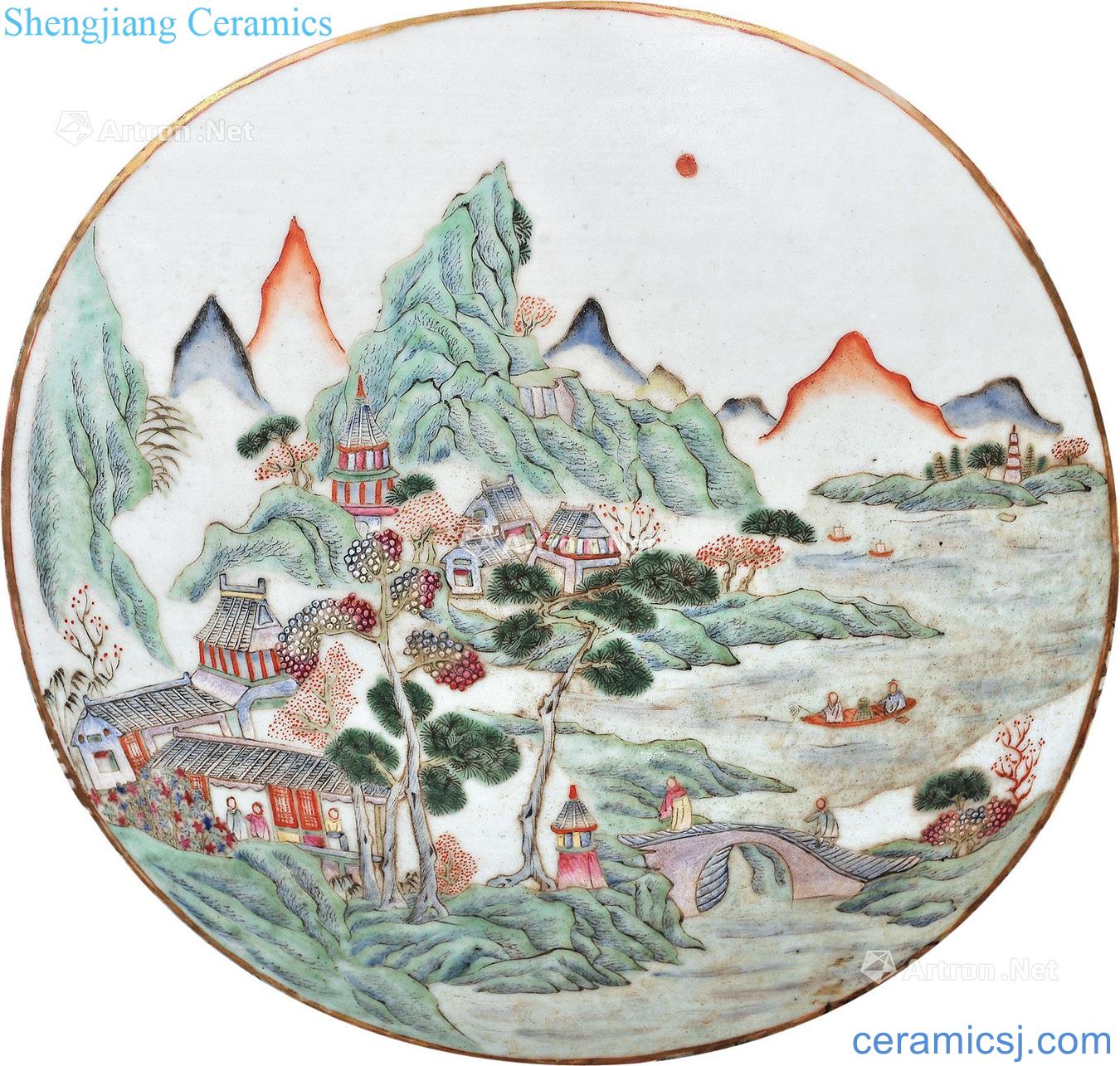 Late qing pastel flowers kam medallion landscape character lines VAT (a)