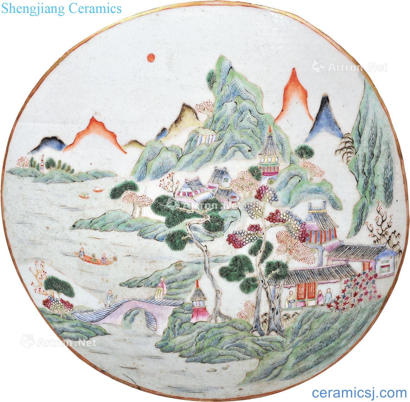 Late qing pastel flowers kam medallion landscape character lines VAT (a)