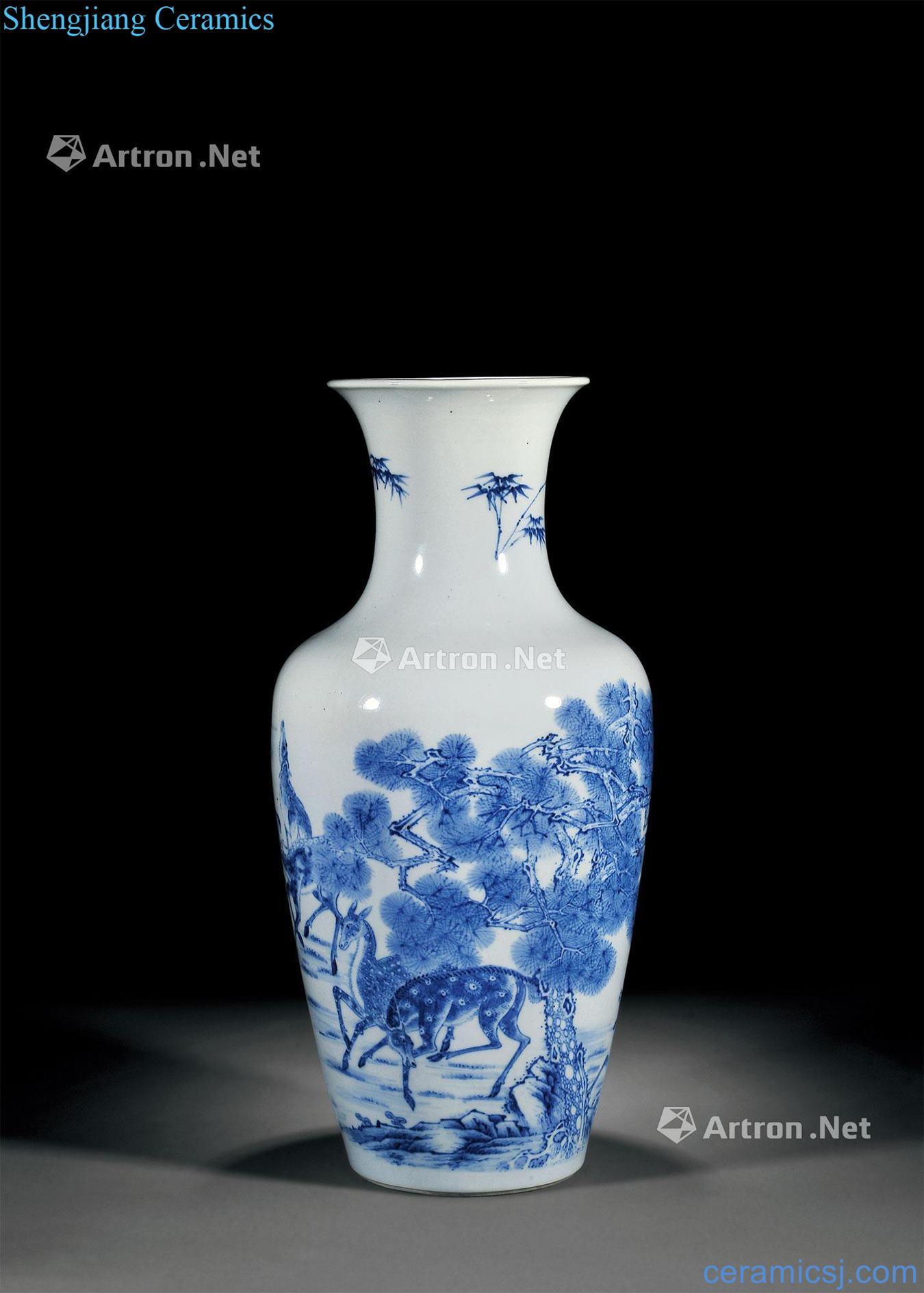 Qing yongzheng Blue and white deer figure goddess of mercy bottle