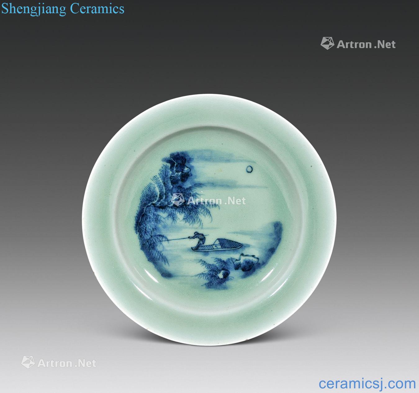 Qing qianlong Green glaze blue and white landscape tray