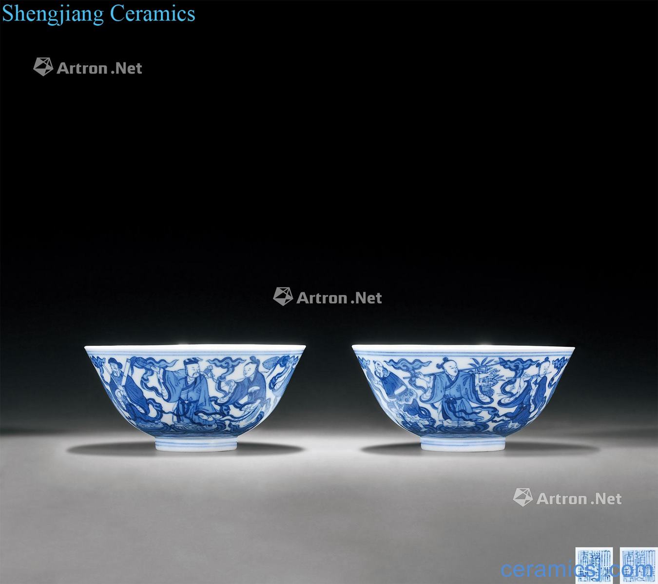 Qing daoguang Small bowl of blue on the eight immortals figure (a)