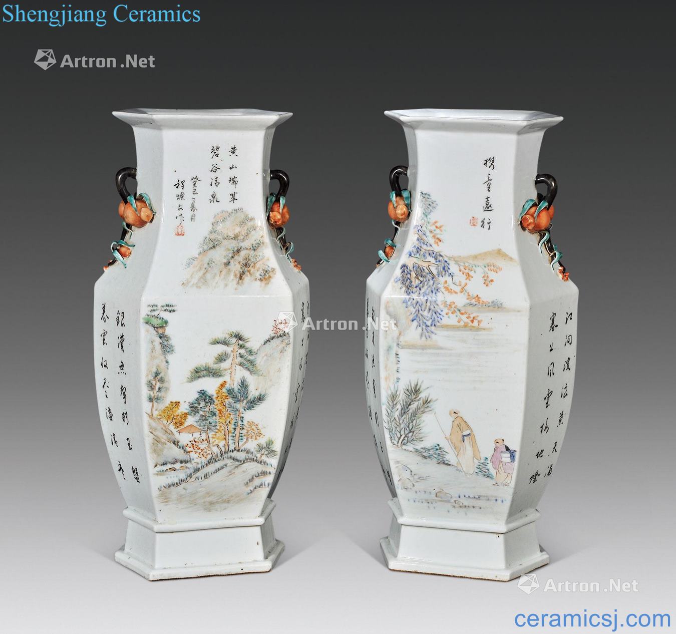 In late qing dynasty Shallow purple color landscape character poems six-party flower vase with (a)
