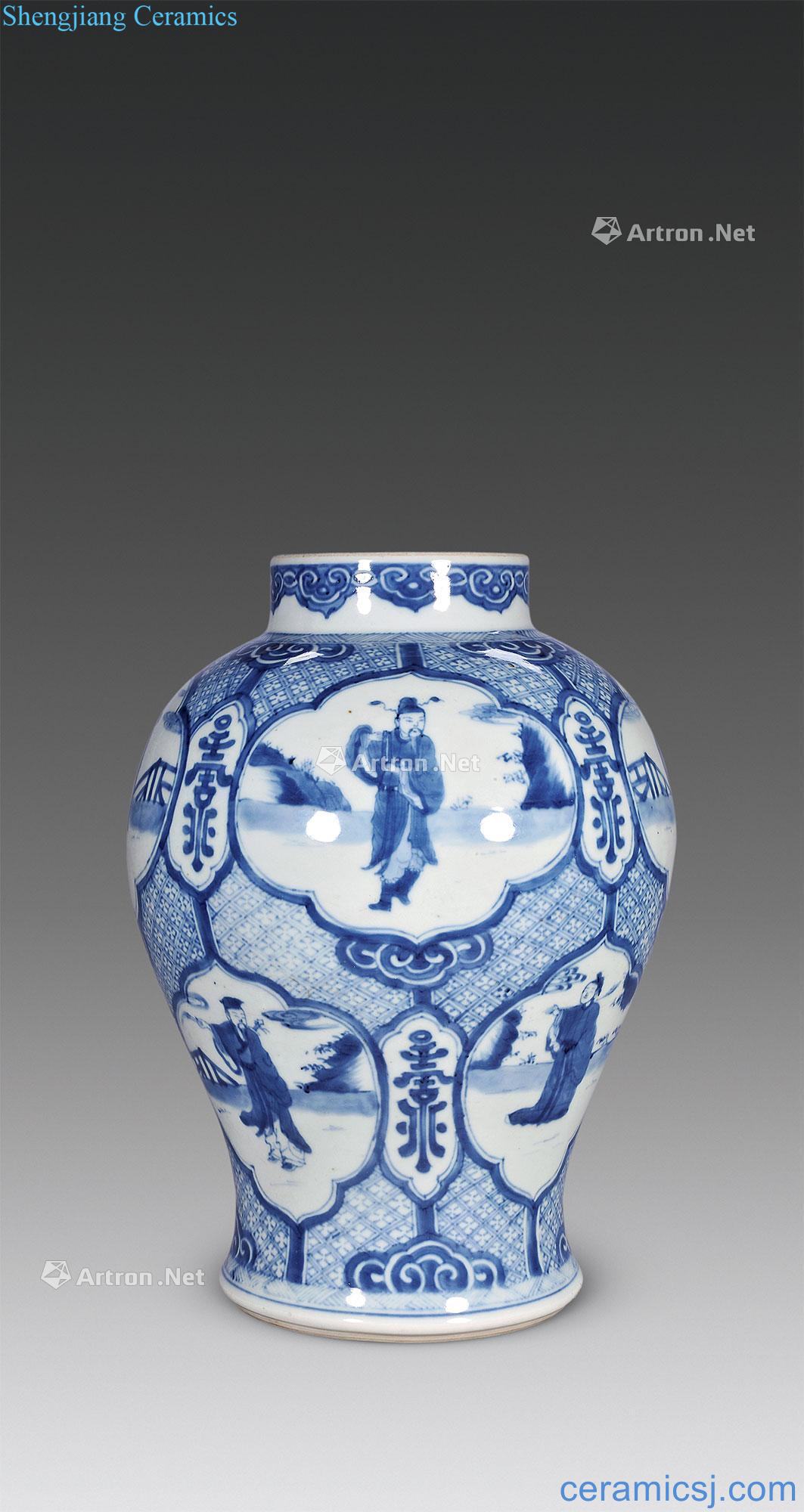 The qing emperor kangxi in blue and white brocade medallion figure can of the eight immortals