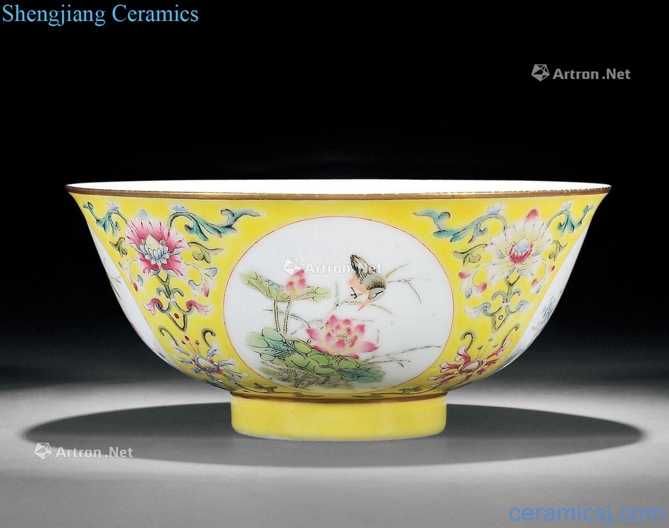 Qing daoguang To the yellow color with medallion flower-and-bird green-splashed bowls