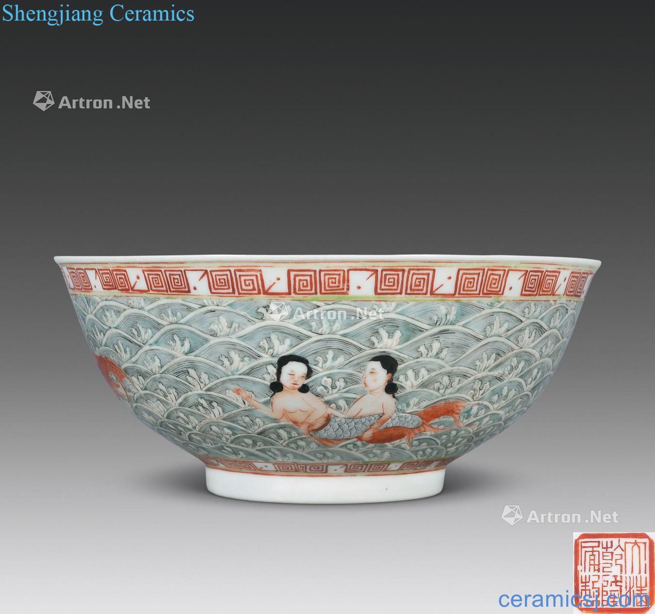 Mid qing pastel Poseidon figure large bowl