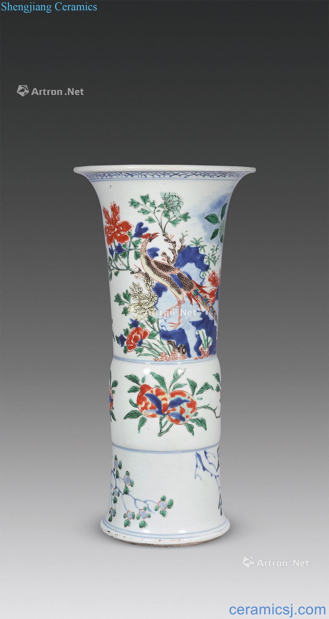 Qing shunzhi Blue coloured pheasant peony figure vase with flowers