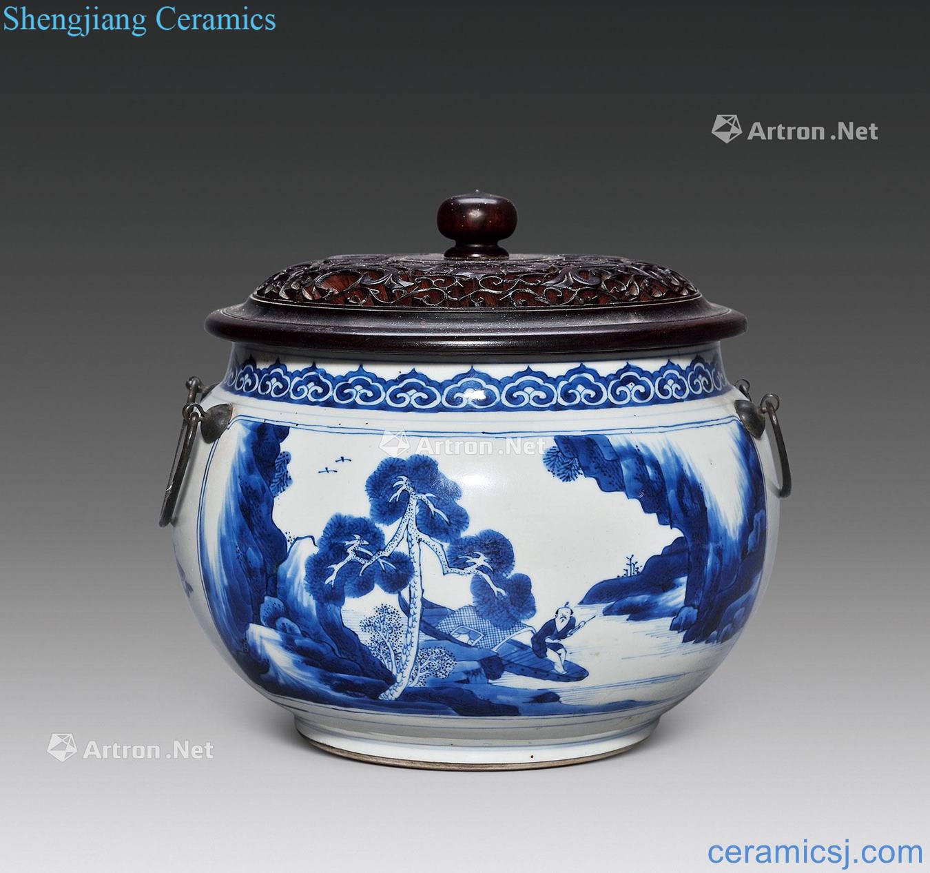 The qing emperor kangxi Blue and white grain porridge pot medallion landscape characters