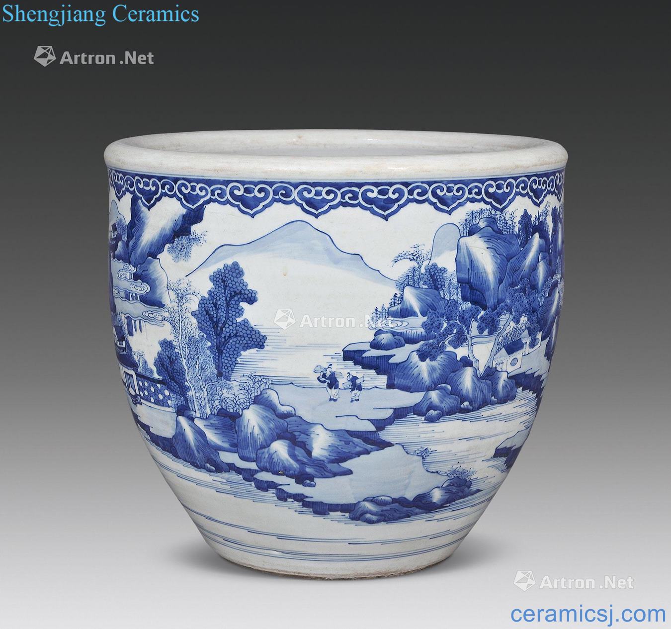 The qing emperor kangxi Blue and white landscape character lines cylinder