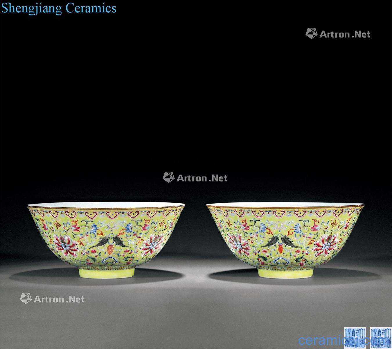 Qing qianlong to pastel yellow years more bound branch lotus green-splashed bowls (a)