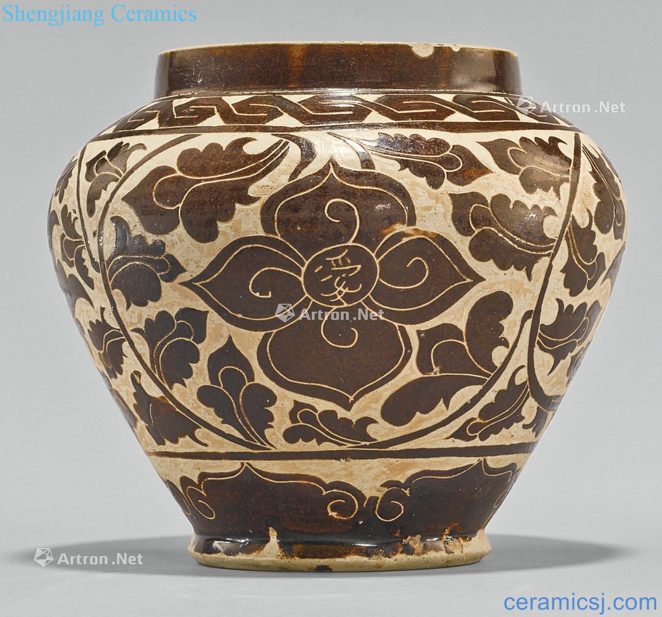 Ming Yellow magnetic state kiln carved flowers around branches "gentleman's love of money" grain tank
