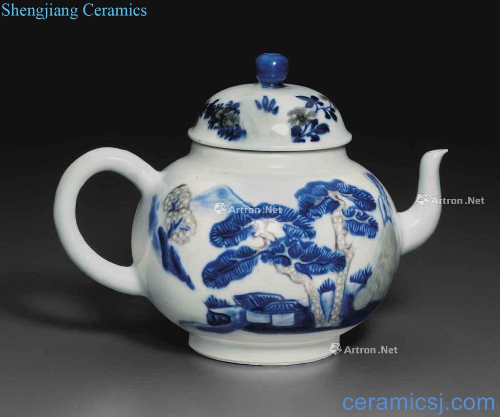 The qing emperor kangxi Blue and white castle in the pea green youligong landscape figure teapot