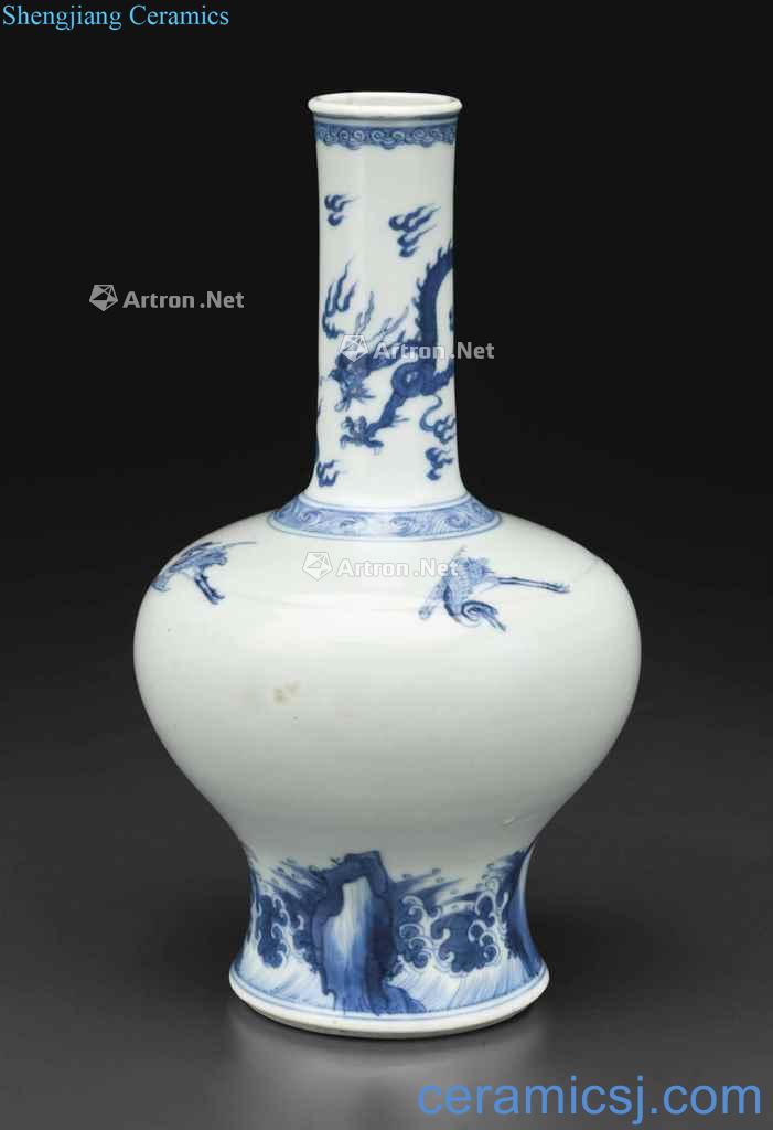 The qing emperor kangxi Blue and white dragon flying cranes mallet bottle crepe paper