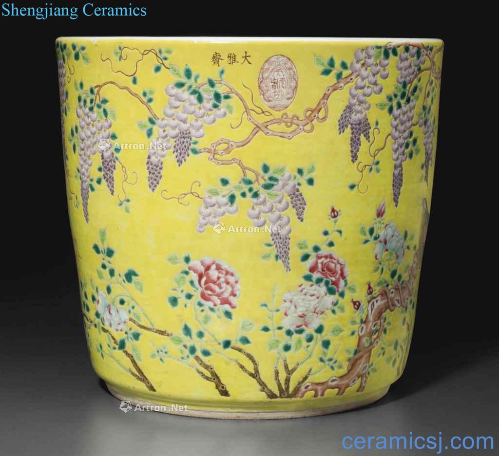 Qing guangxu Great lent to pastel yellow purple wisteria flowers and birds grain big flower pot