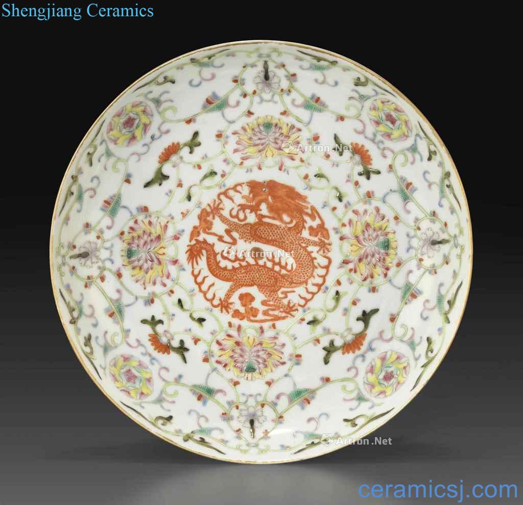 Qing guangxu alum red dragon flying drama beads flowers tray