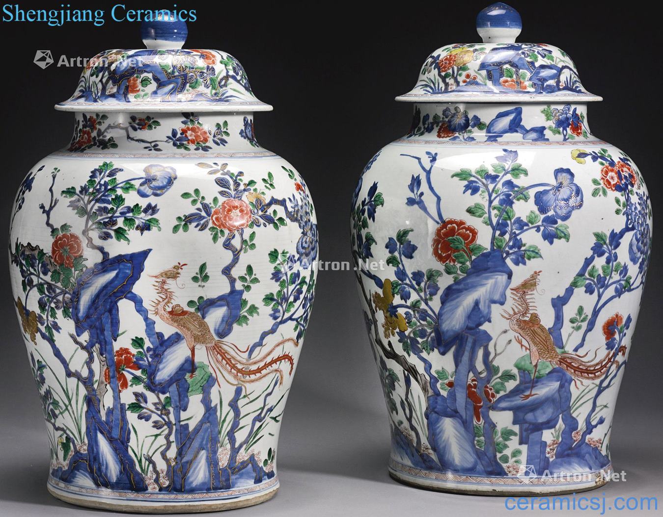 The qing emperor kangxi Colorful peony phoenix grain cover tank (a)