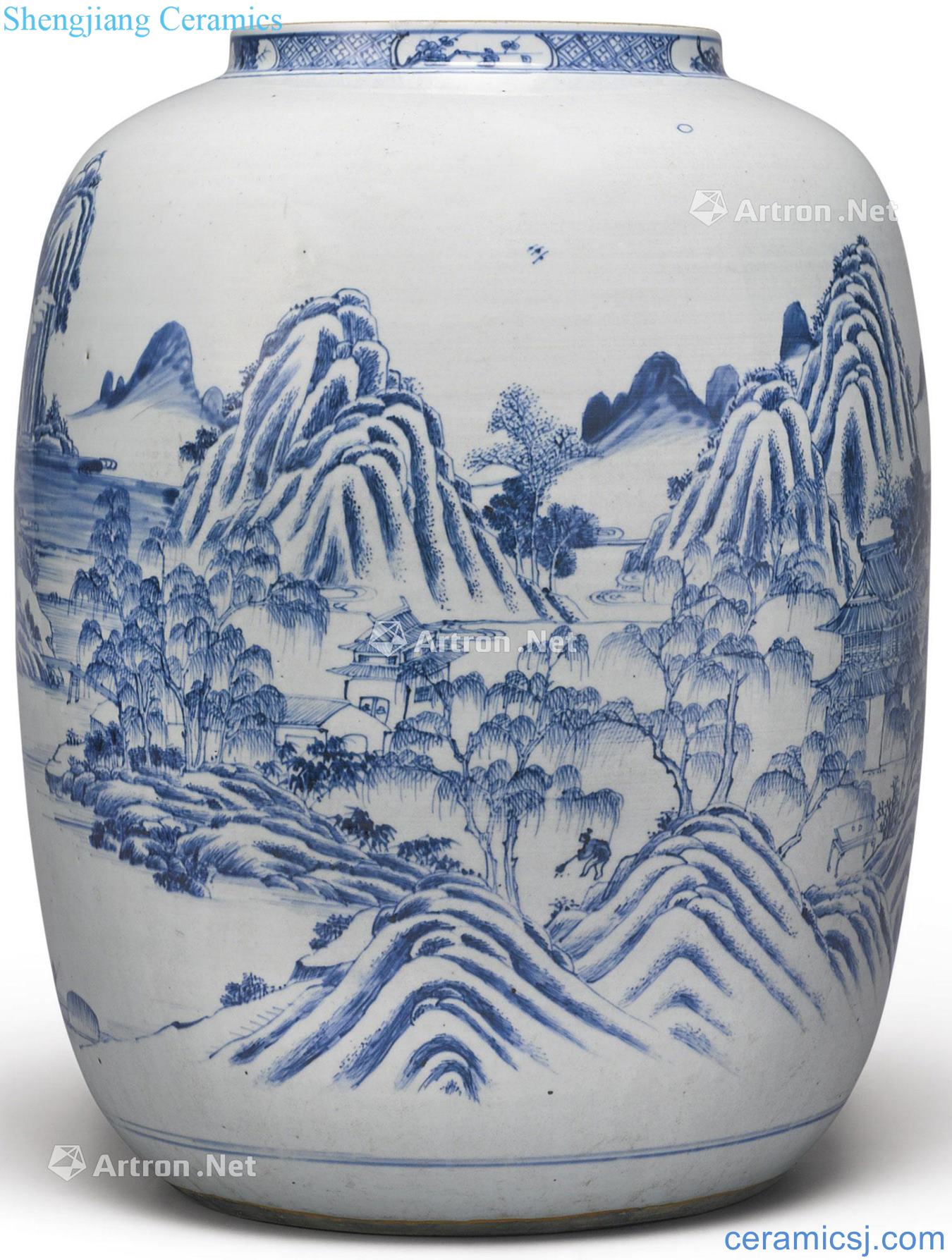 Qing in the eighteenth century Blue and white landscape character figure lantern