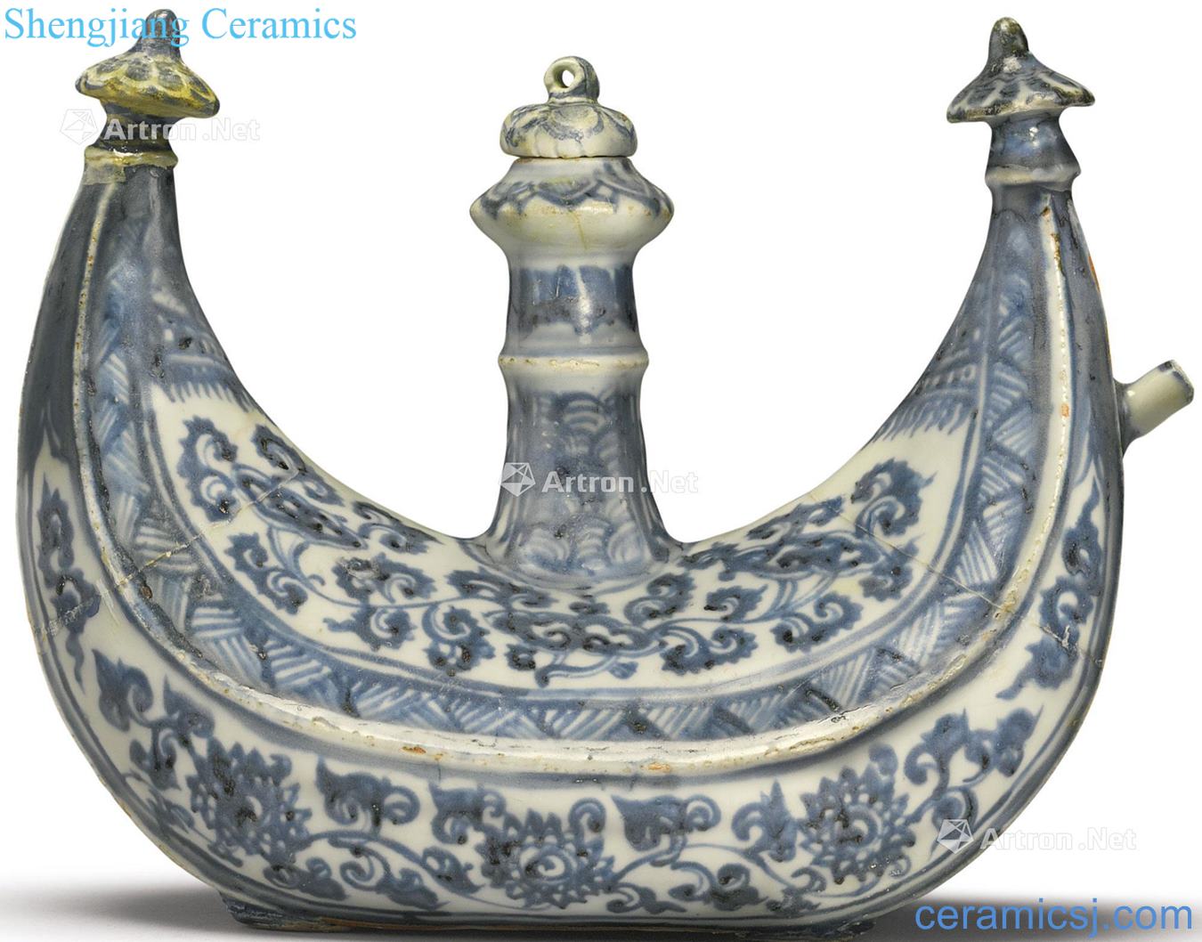 The 15th/16th century Blue and white flowers around branches grain waxing crescent shaped hip flask with cover