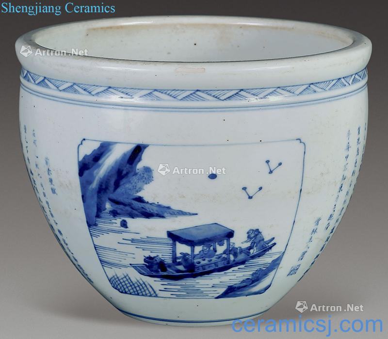 qing Blue and white landscape poetry small cylinder