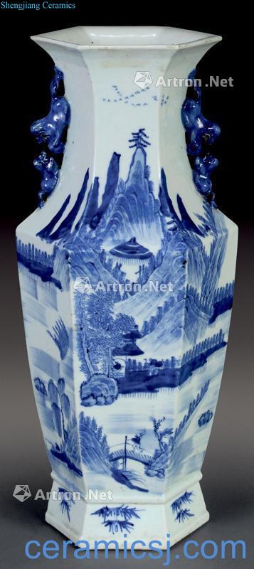 qing Blue and white landscape lion ear vase