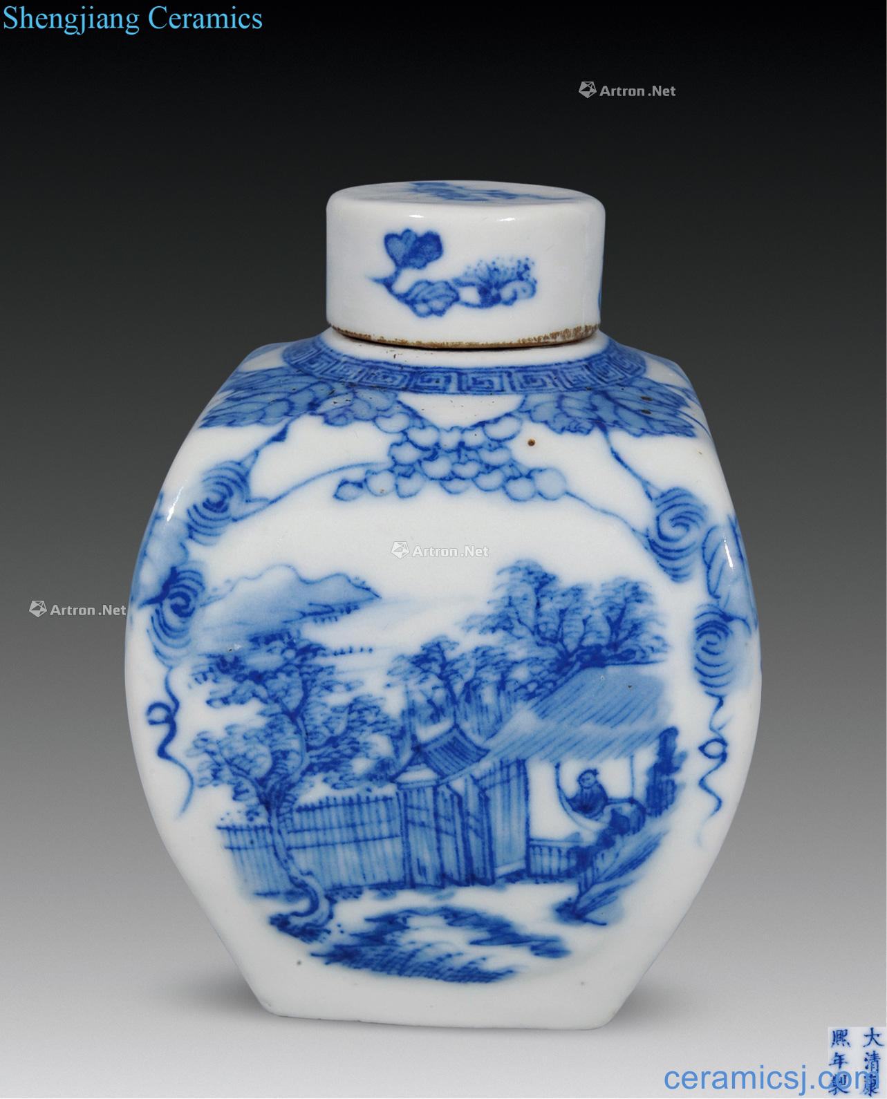 The qing emperor kangxi Blue and white square ladult figure POTS