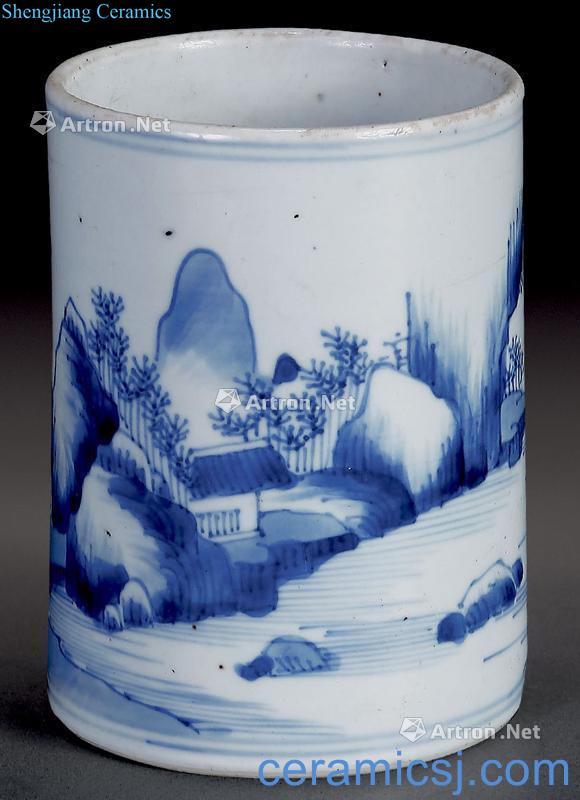 Mid qing Blue and white landscape pen container