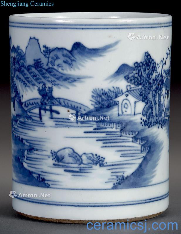 qing Blue and white landscape character brush pot