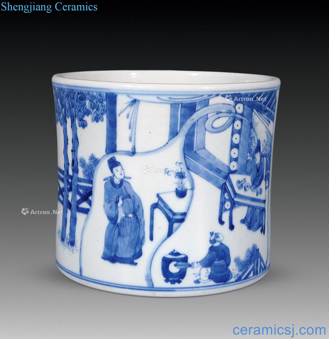 Stories of qing dynasty blue-and-white pen container