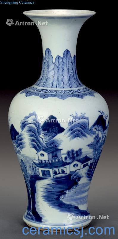 qing Blue and white landscape pattern of goddess of mercy bottle