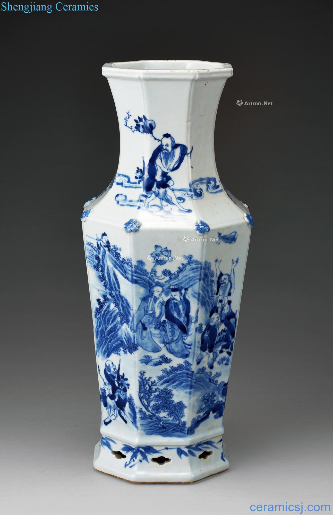 Stories of qing dynasty blue-and-white eight square bottles