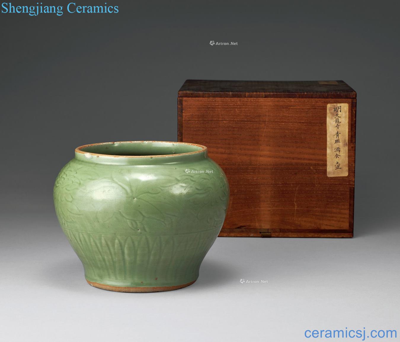 Ming dynasty Celadon carved flower grain tank