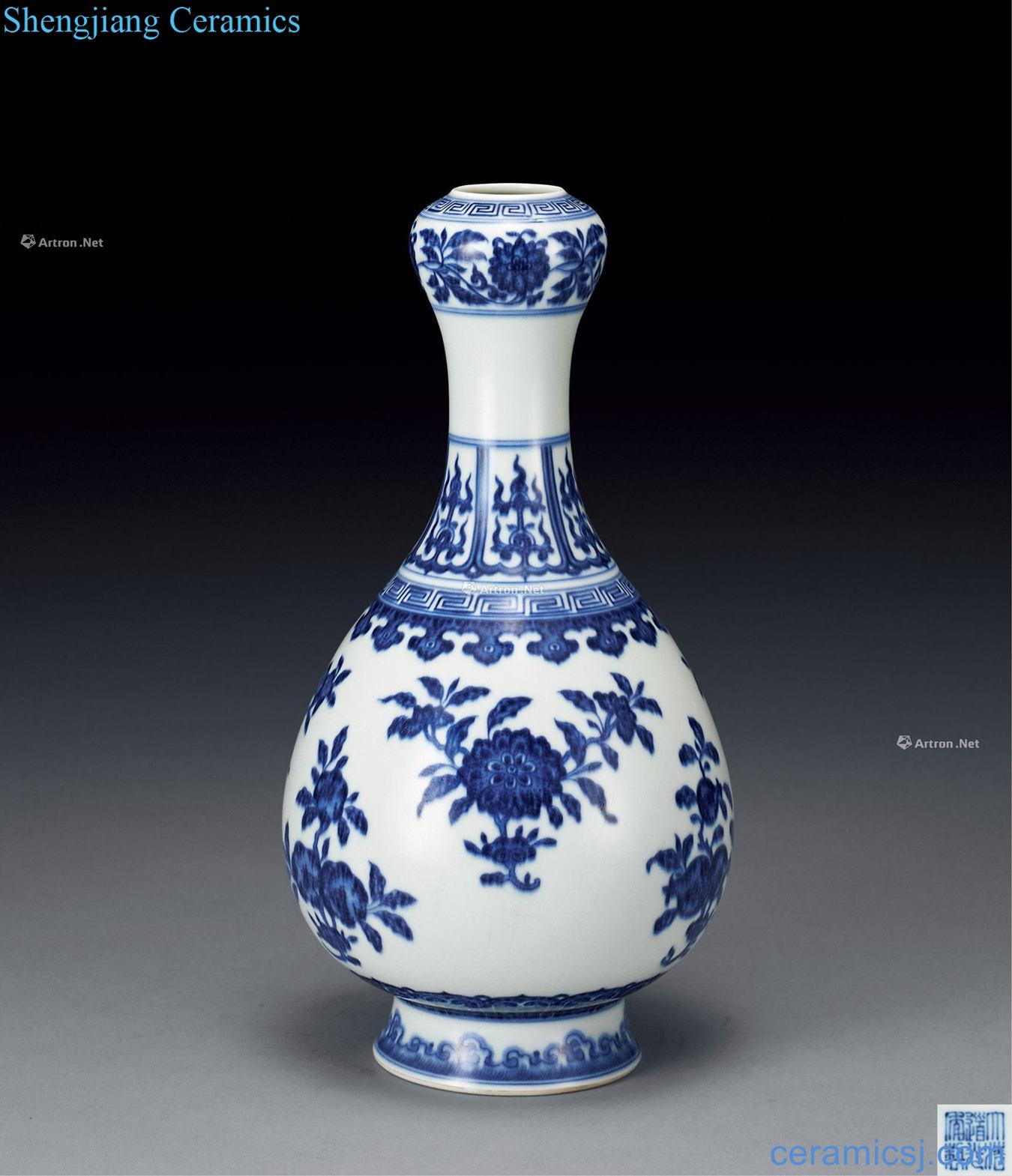 Qing daoguang Blue and white ruffled branch flowers lines garlic bottle