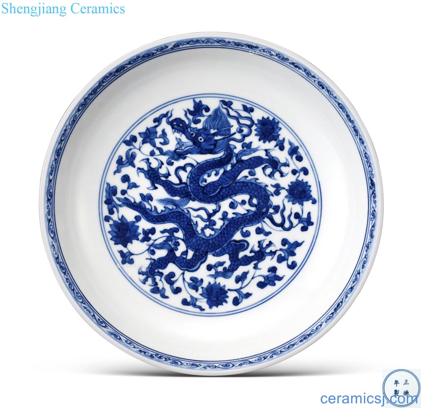 MingZhengDe Blue and white flower dragon plate around branches