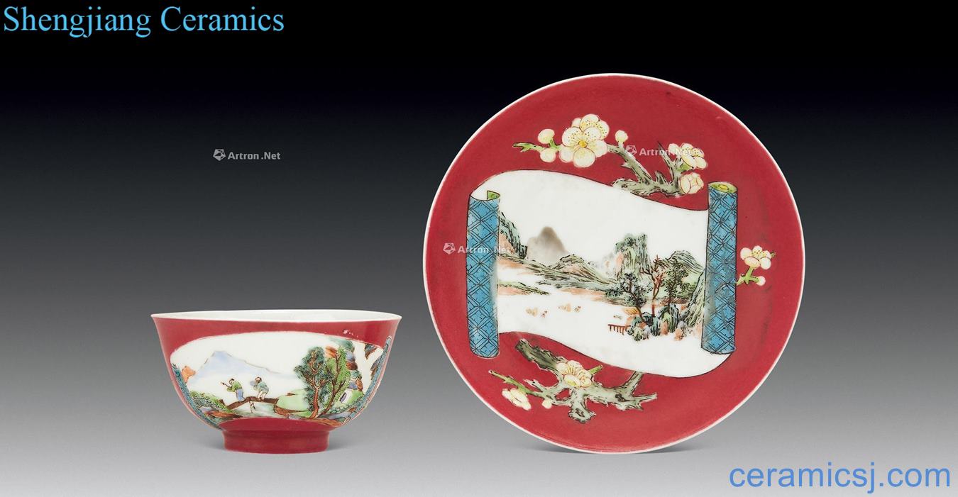 Qing qianlong pastel carmine bottom scroll landscape character cups and saucers (two)
