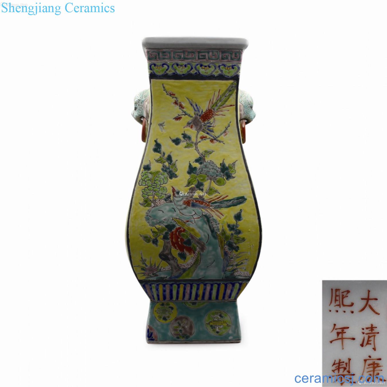 In the qing emperor kangxi years with yellow colored enamel painting of flowers and grain ears square bottles