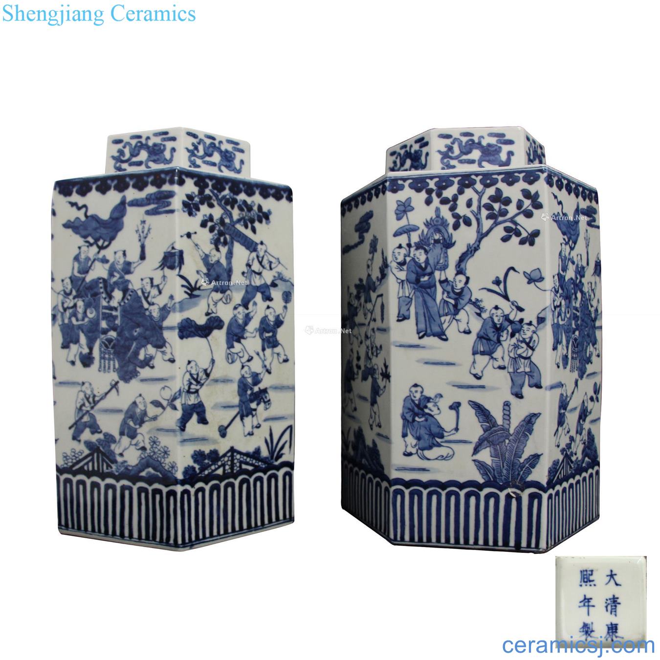 In the Ming dynasty Blue and white figure six-party caddy the ancient philosophers