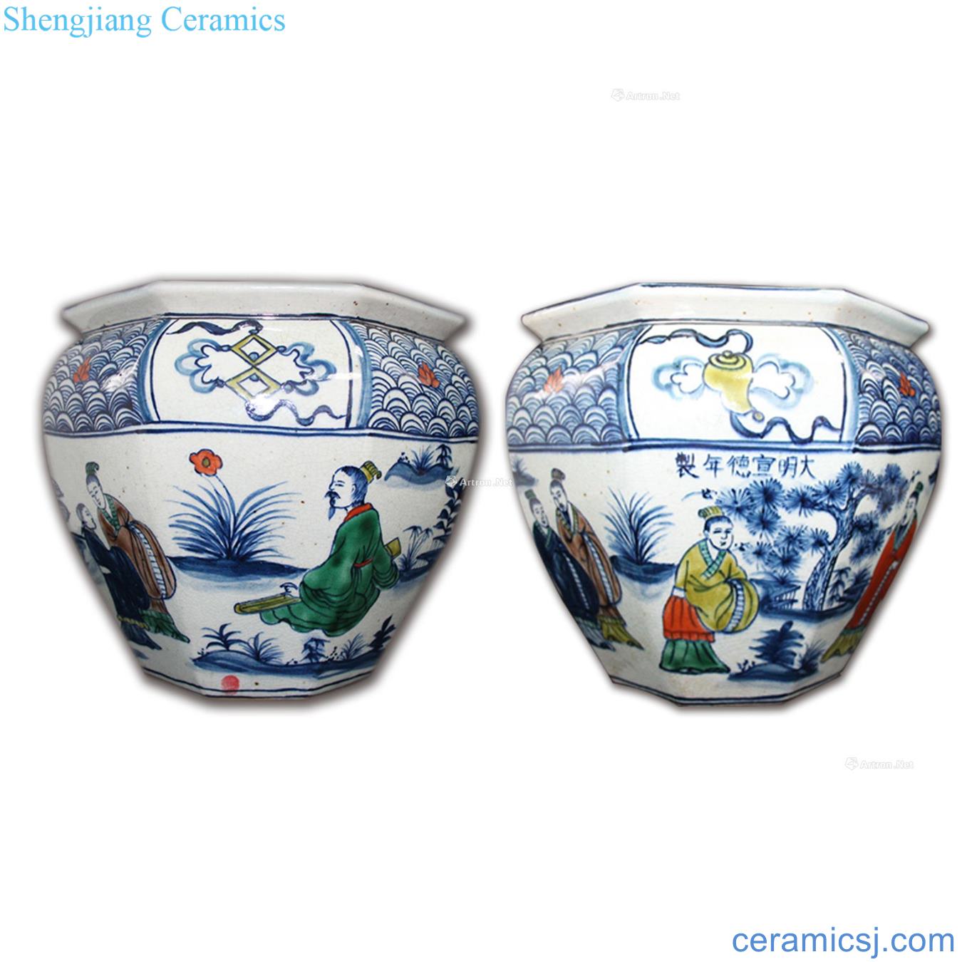 Ming Ming xuande years blue-and-white eight arrises cylinder colorful characters