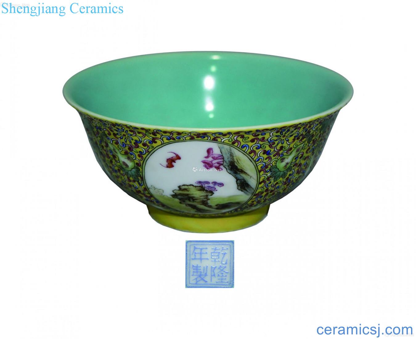 Pastel medallion colored enamel flowers green-splashed bowls