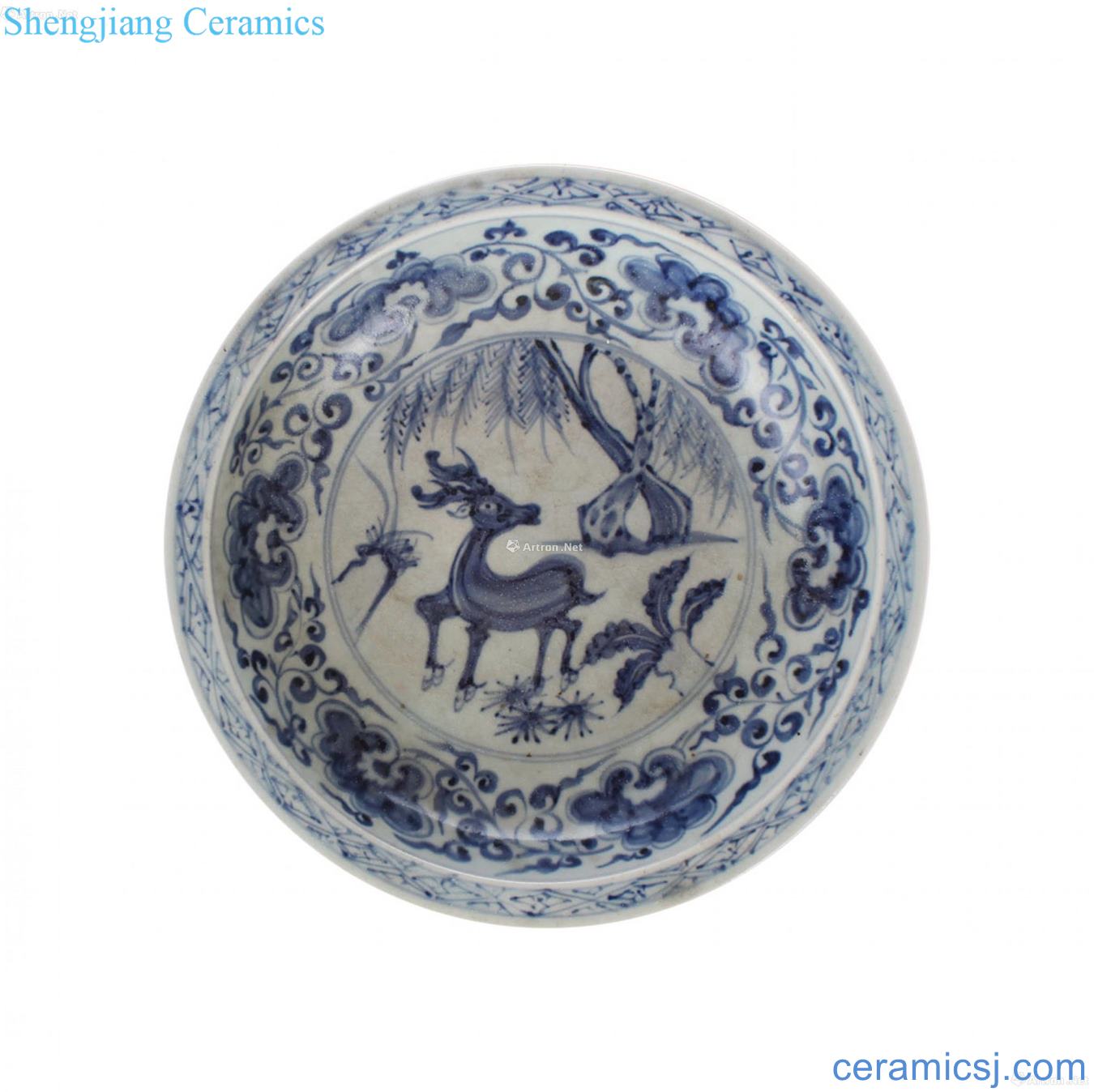 Blue and white peony deer grain fold along the plate