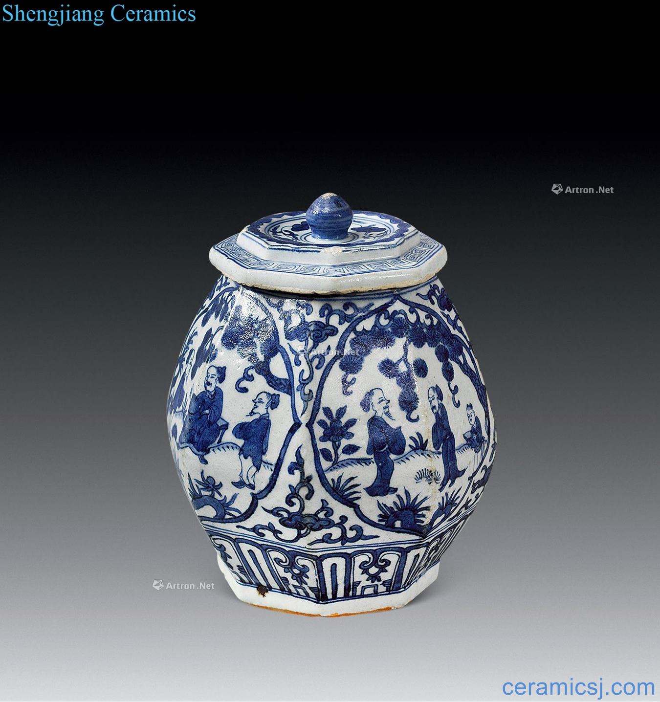 In the Ming dynasty Blue and white figure painting of flowers and grain six-party cover tank
