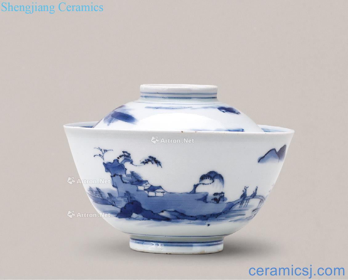 Mid qing Blue and white landscape character tureen