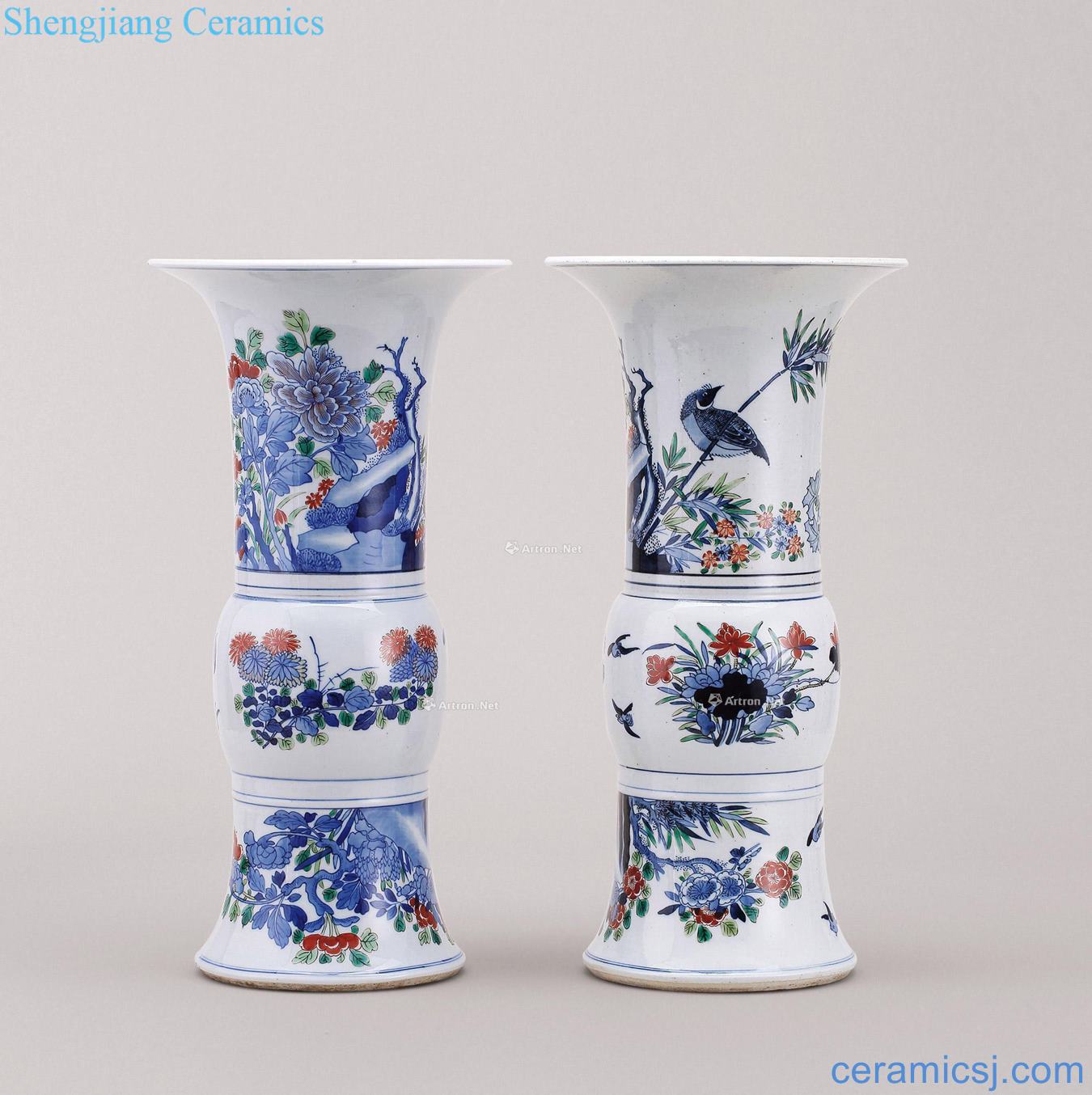 qing Blue and white grain flower vase with colorful painting of flowers and birds