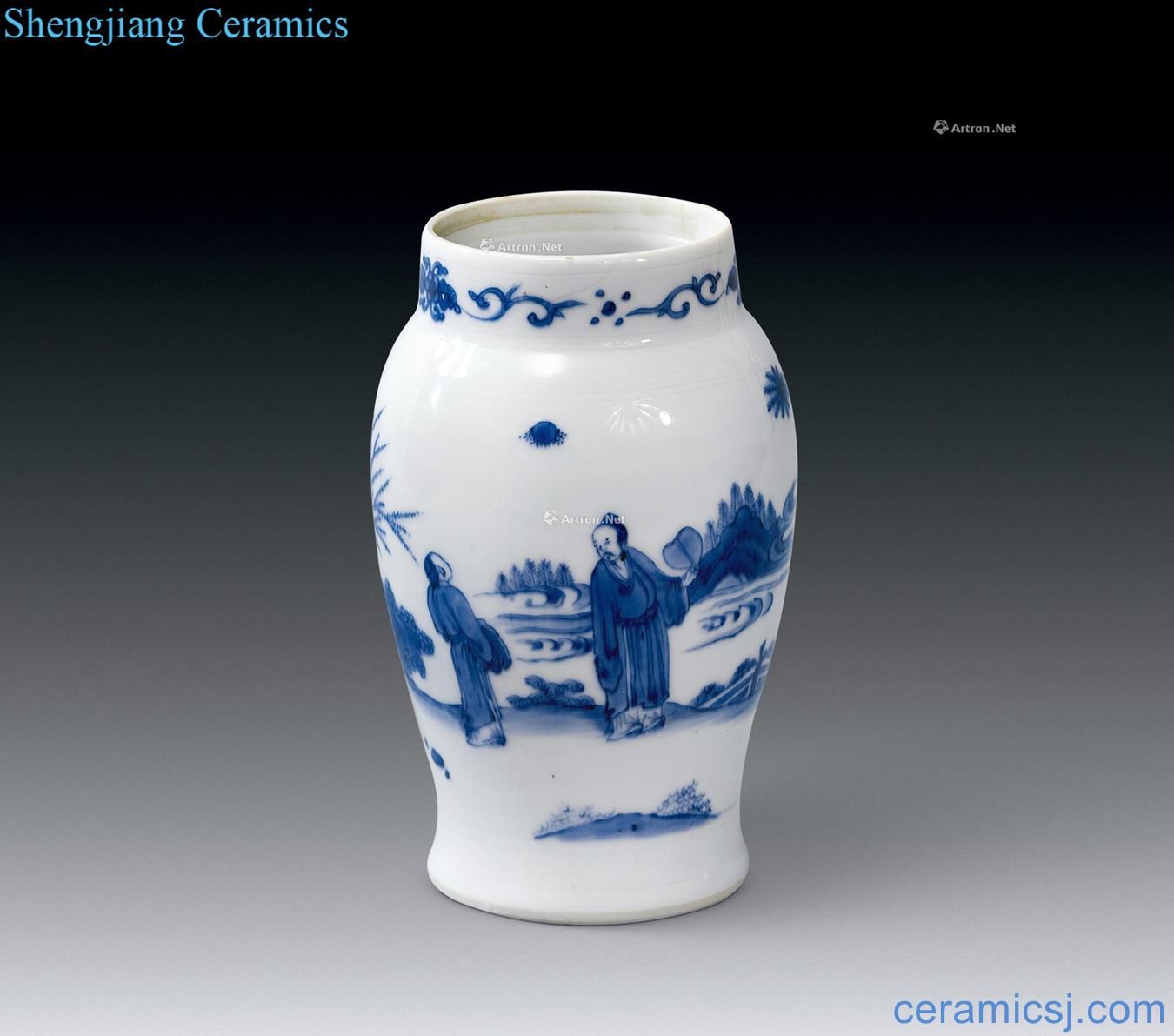 In the Ming dynasty Blue and white landscape character lines lotus seeds cans