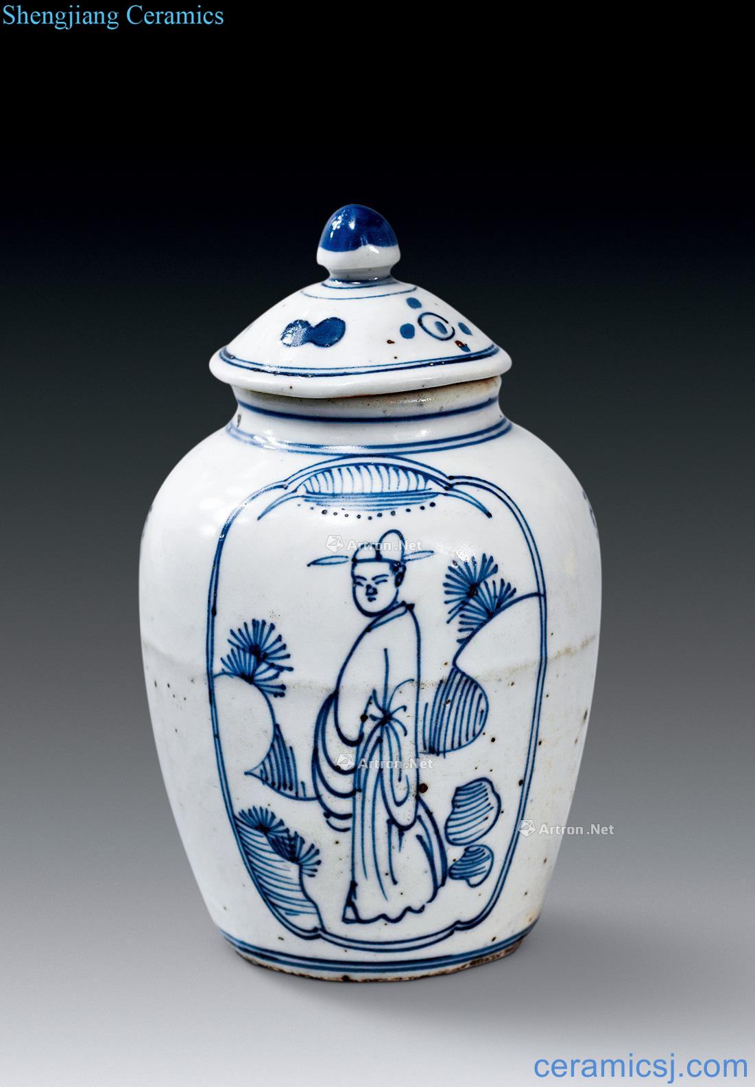 In the Ming dynasty Blue and white figure cross tougue cans