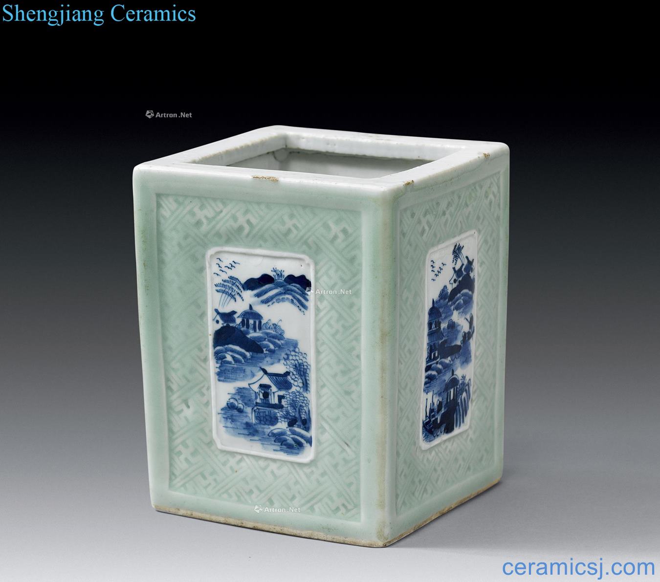 In the qing dynasty Blue and white square brush pot medallion landscape characters