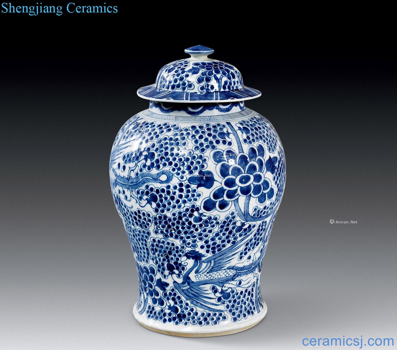 In the qing dynasty Blue and white chicken wear peony grains general tank