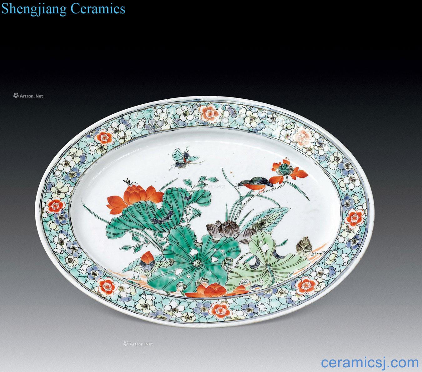 In the qing dynasty Colorful flowers and birds grain oval plate
