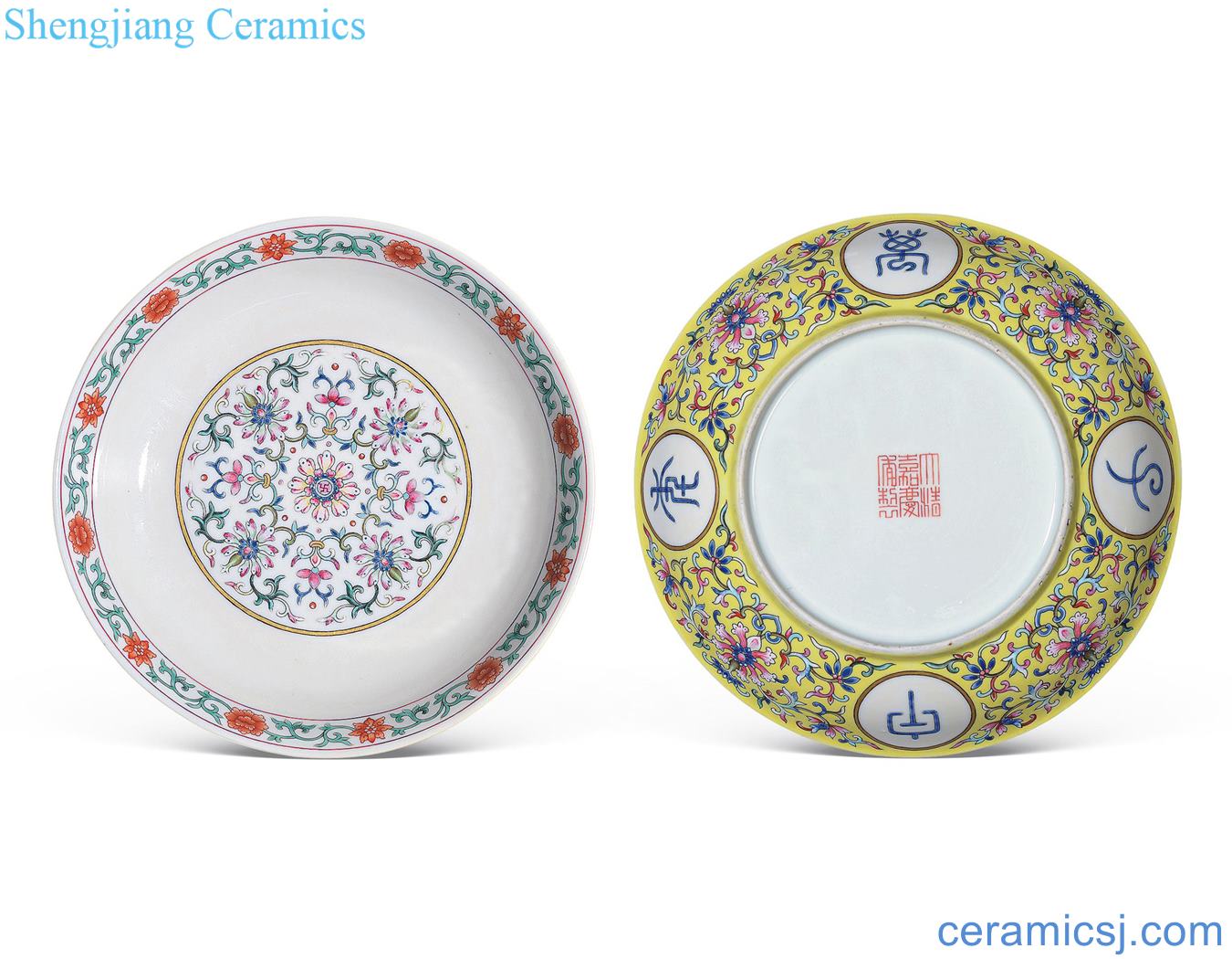 Jia qing jiaqing yellow powder enamel "ten thousand" plate (a)