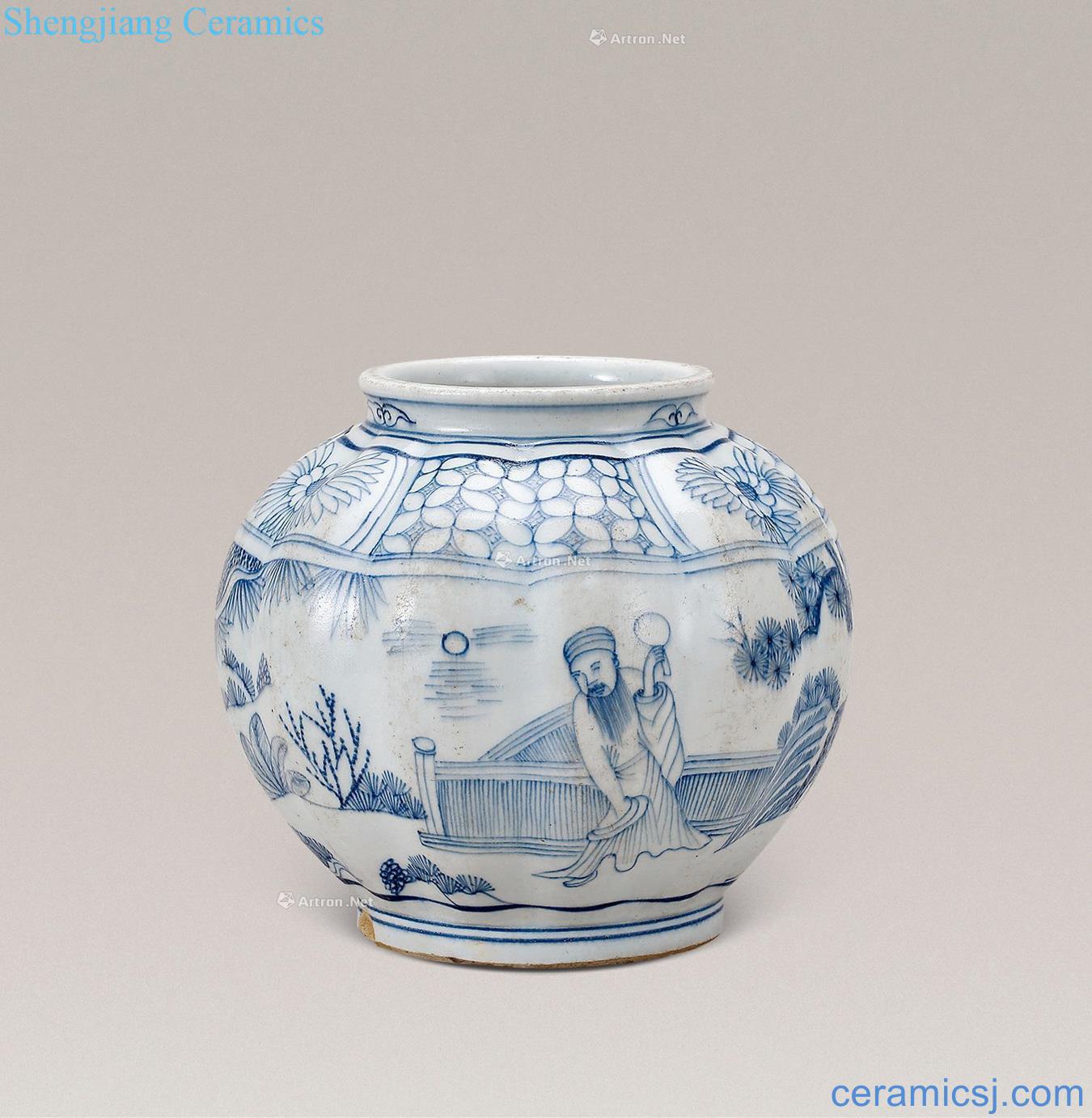 Ming dynasty Blue and white characters flowers ridge tank