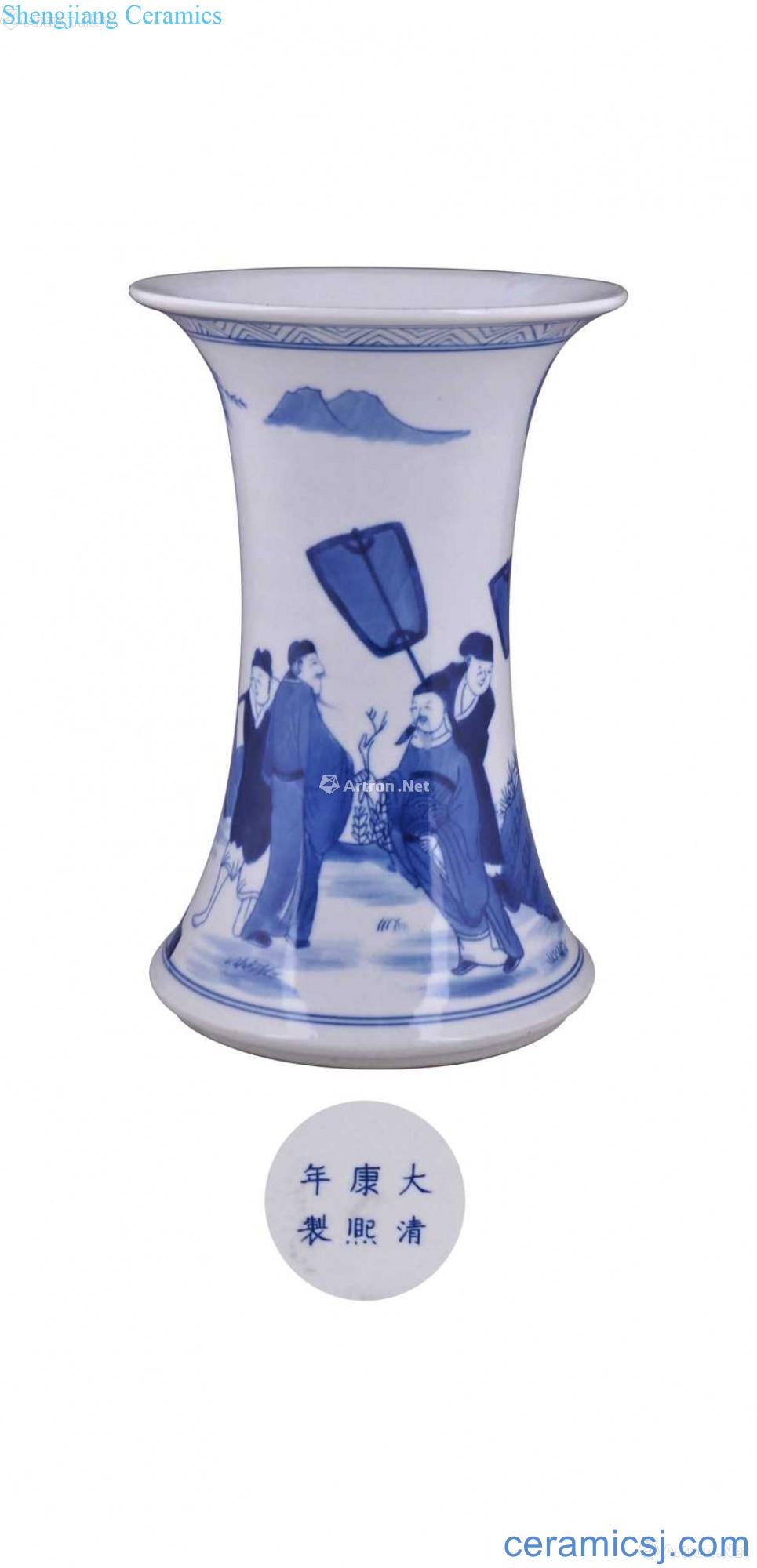 Figure flower vase with blue and white characters